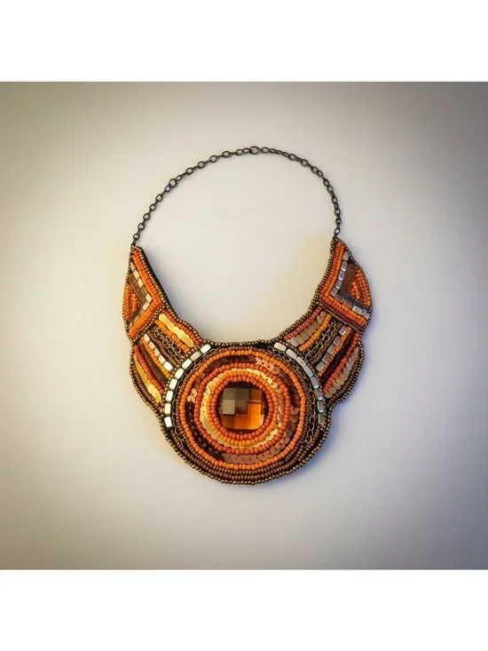 Ethnic Beaded Bib Collar Necklace Seedbeads Chains Sequins Handmade 80s - Picture 2 of 9